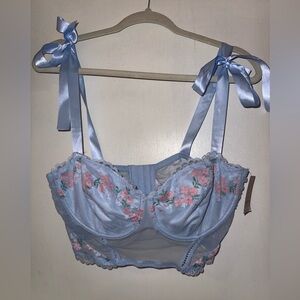 NWT Powder Blue and Baby Pink Floral Lace Corset with Bow Tie Straps Size L